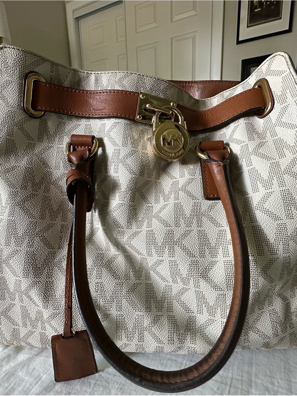 Michael Kors Cream & Brown Monogram Tote with Gold Hardware